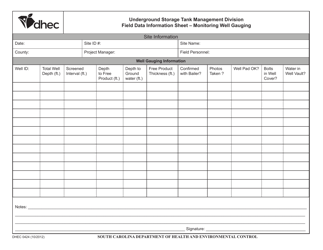 Document preview: DHEC Form 0424 Field Data Information Sheet ' Monitoring Well Gauging - South Carolina