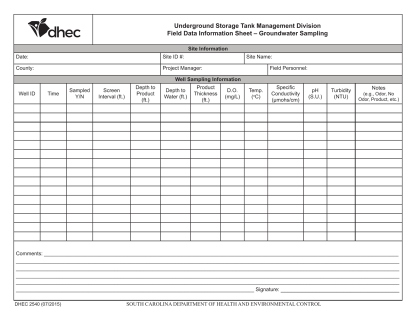 DHEC Form 2540  Printable Pdf