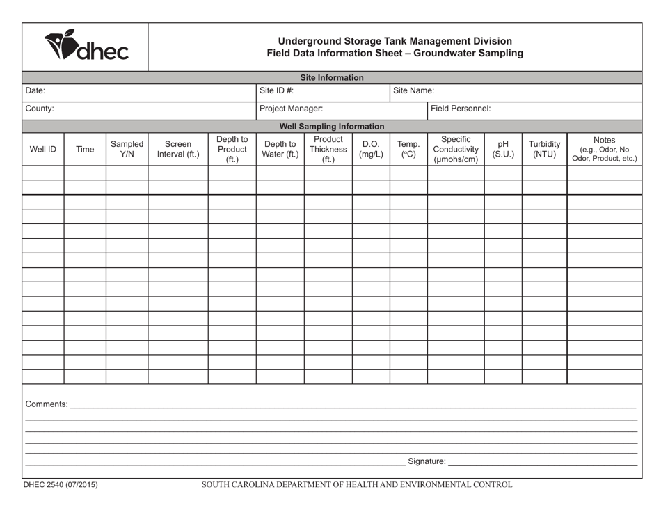 DHEC Form 2540 Field Data Information Sheet ' Groundwater Sampling - South Carolina, Page 1