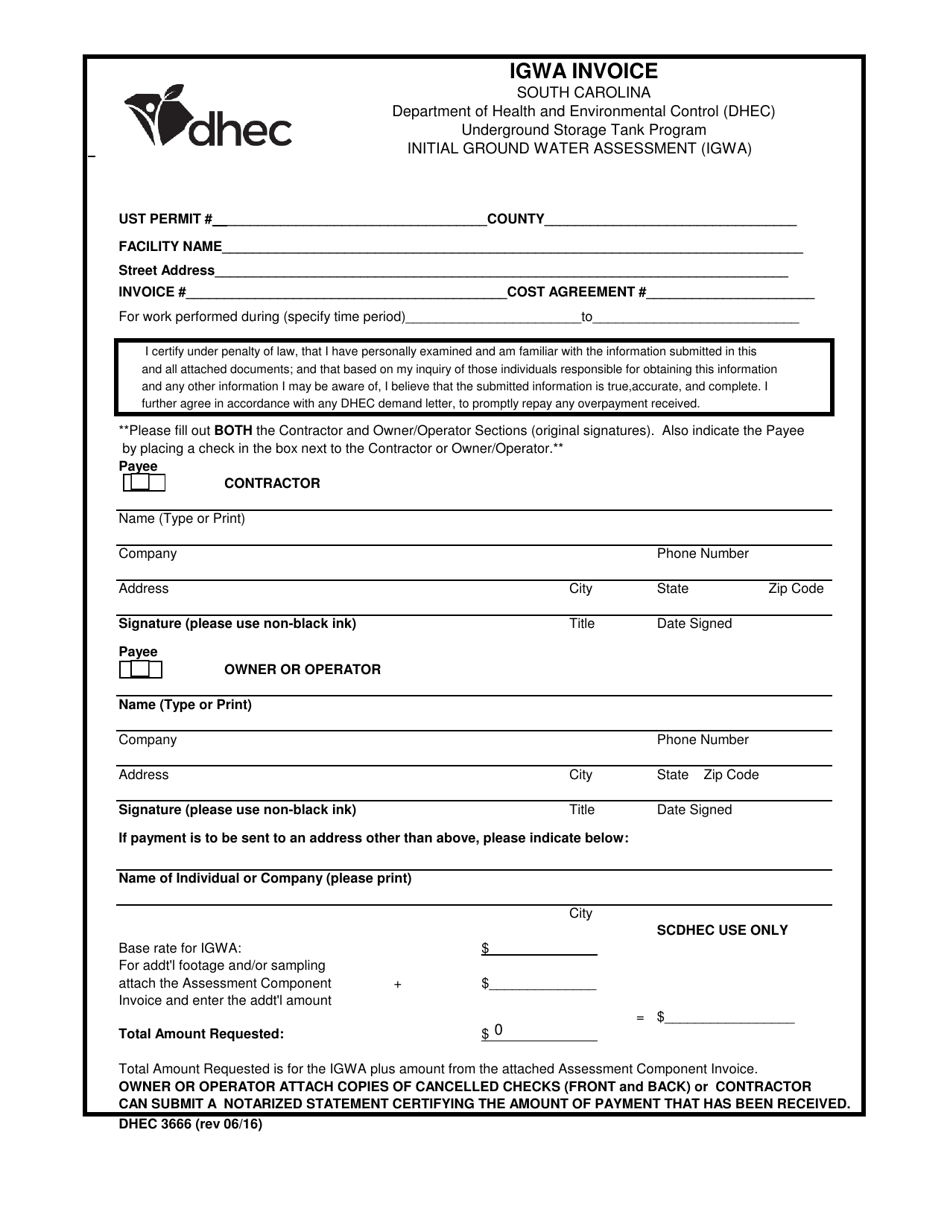 DHEC Form 3666 Initial Ground Water Assessment (Igwa) Invoice - South Carolina, Page 1