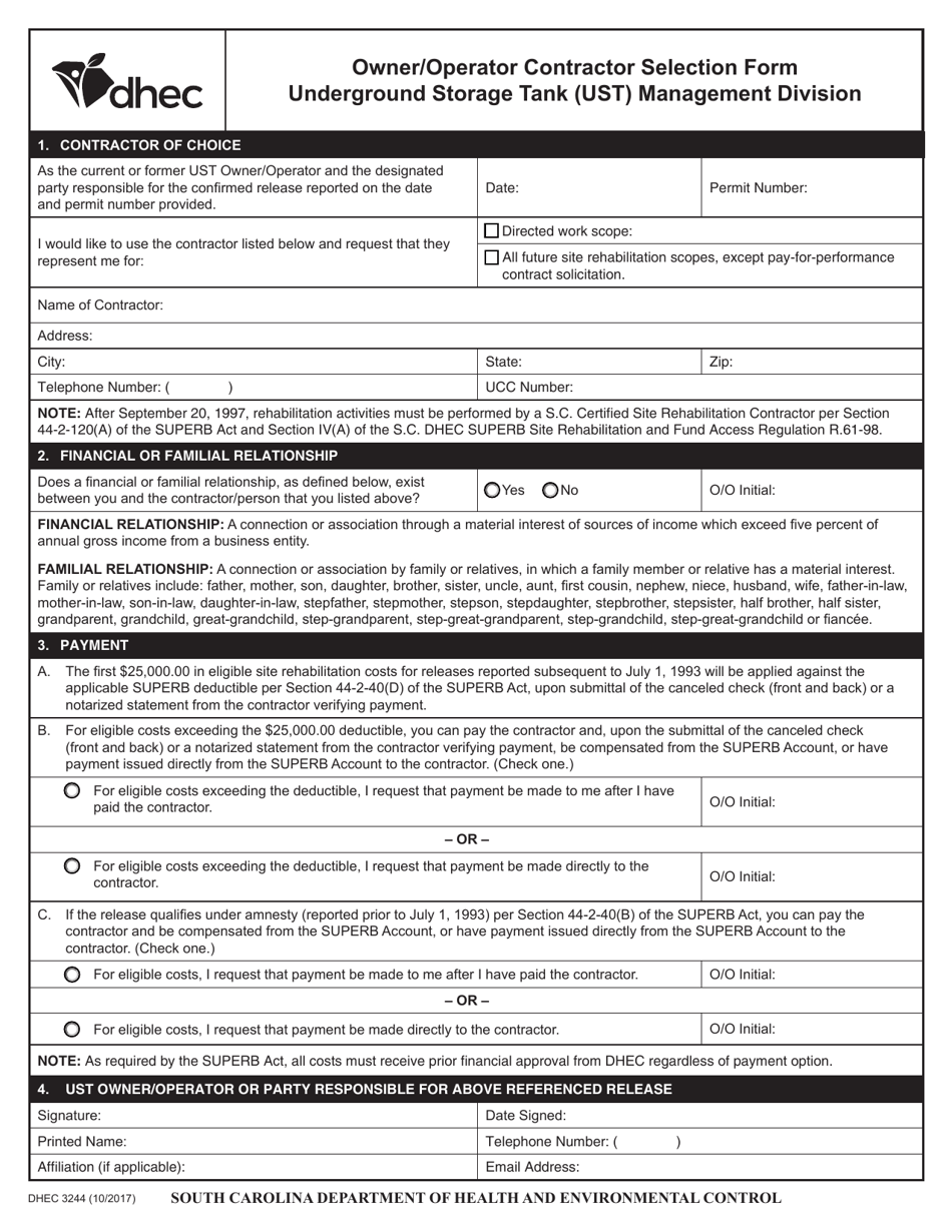 DHEC Form 3244 Owner / Operator Contractor Selection Form - South Carolina, Page 1