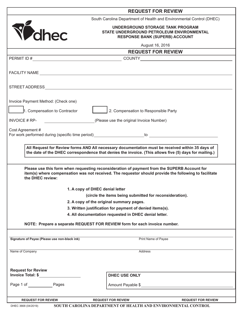 DHEC Form 3668 Request for Review - South Carolina, Page 1