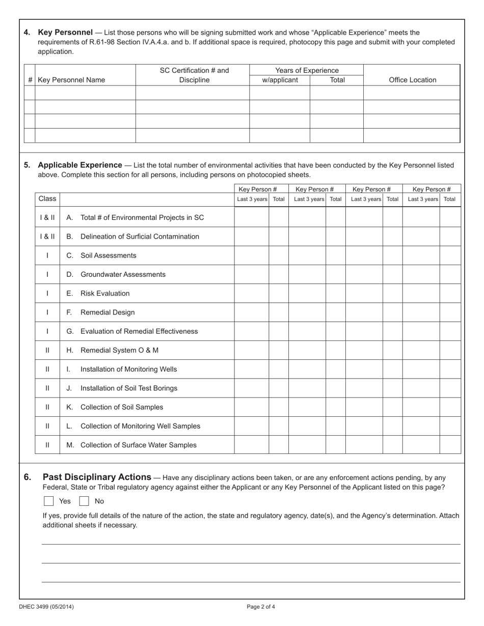 DHEC Form 3499 Site Rehabilitation Contractor Certification Application - South Carolina, Page 3