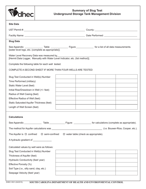 DHEC Form 3531 Summary of Slug Test - South Carolina