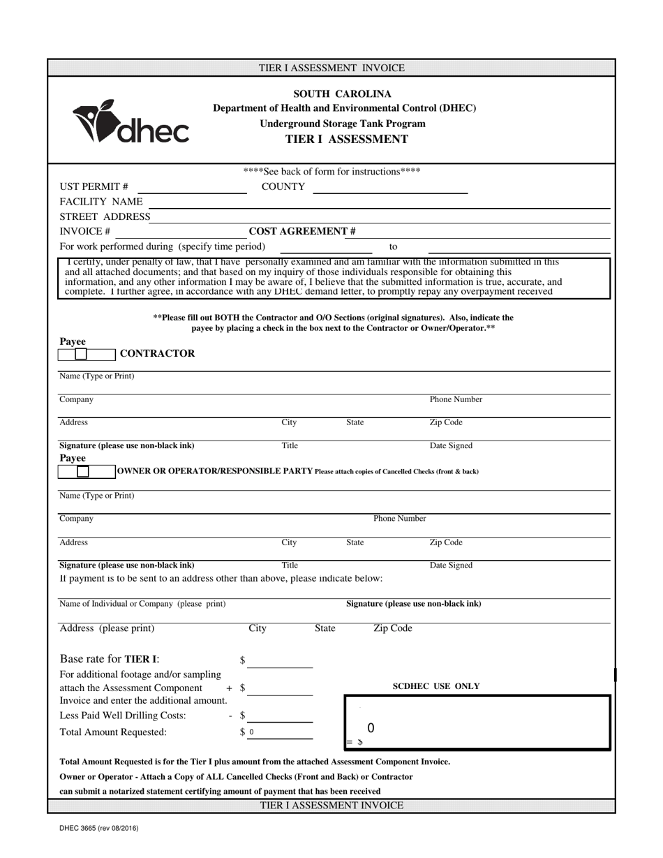 DHEC Form 3665 Tier I Assessment Invoice - South Carolina, Page 1