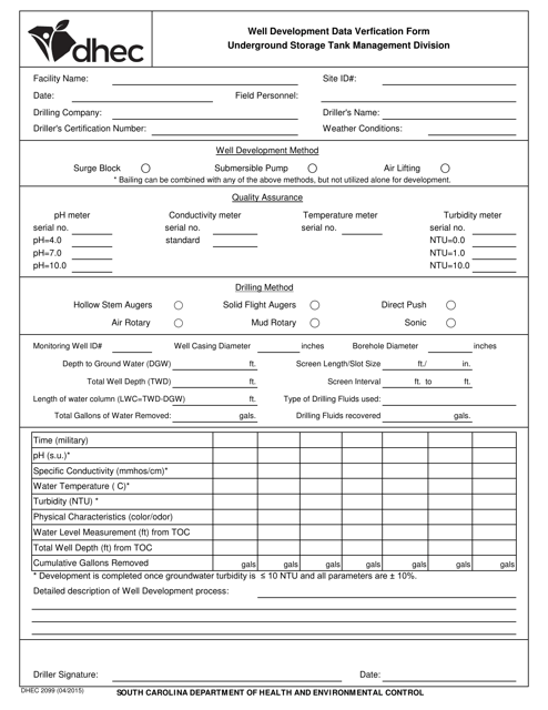 DHEC Form 2099 Well Development Data Verfication Form - South Carolina