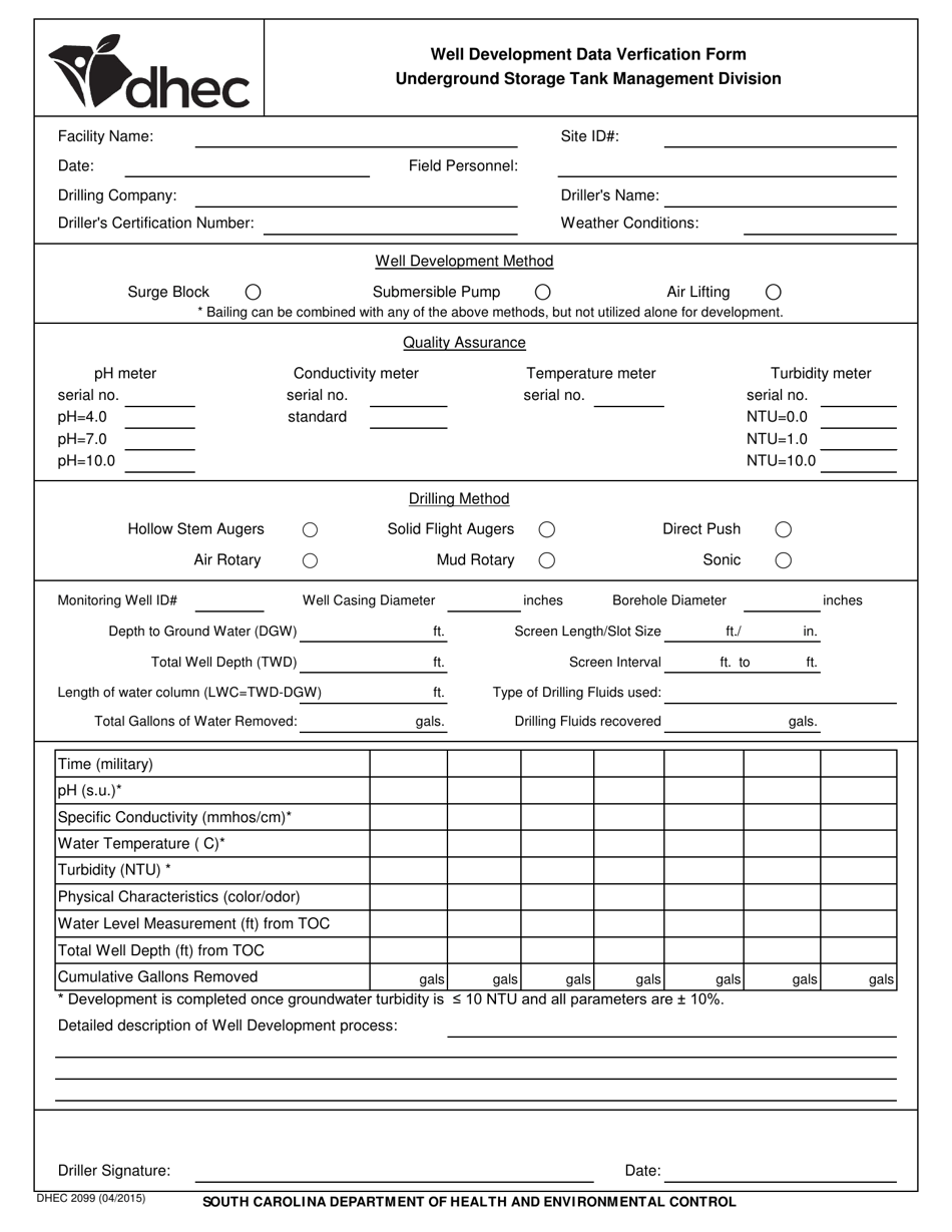 DHEC Form 2099 Well Development Data Verfication Form - South Carolina, Page 1