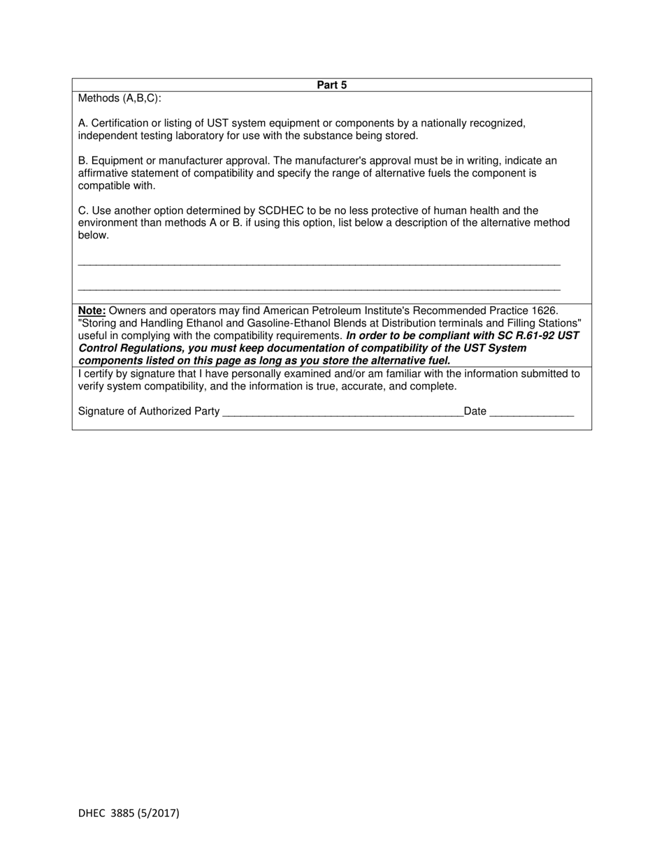 DHEC Form 3885 Underground Storage Tank Alternative Fuel Installation Application / Conversion Notification - South Carolina, Page 3