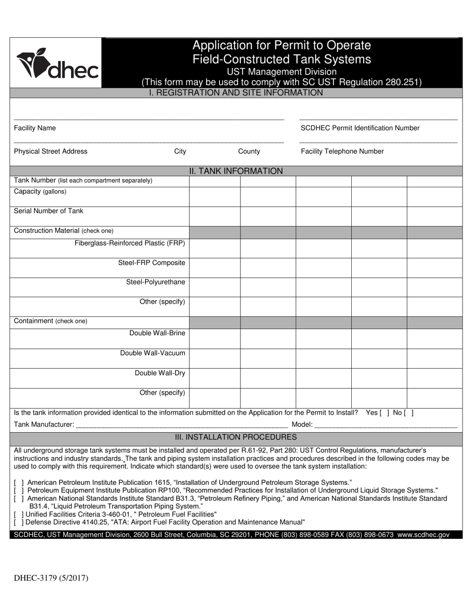 DHEC Form 3179 Application for Permit to Operate Field-Constructed Tank Systems - South Carolina, Page 1