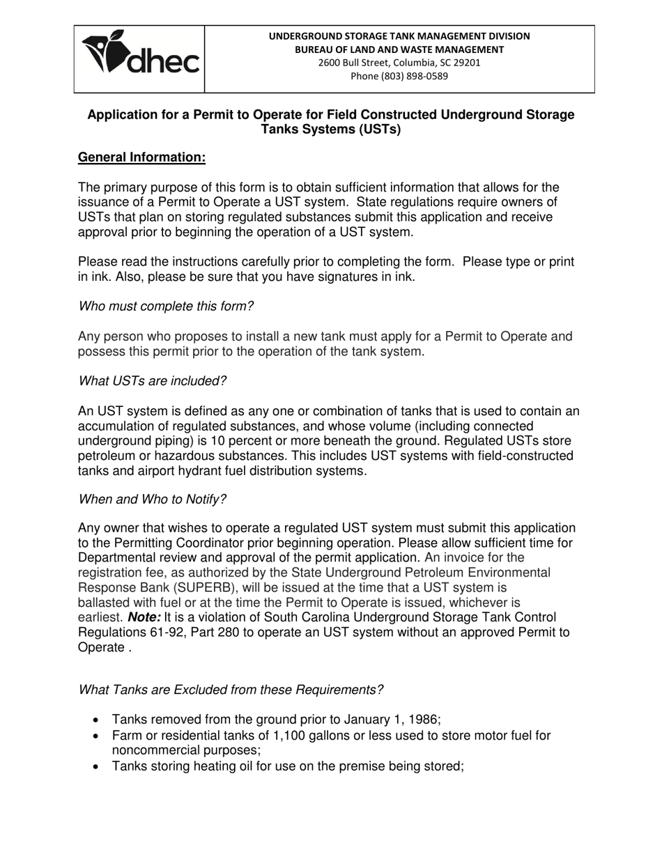 DHEC Form 3179 Application for Permit to Operate Field-Constructed Tank Systems - South Carolina, Page 5