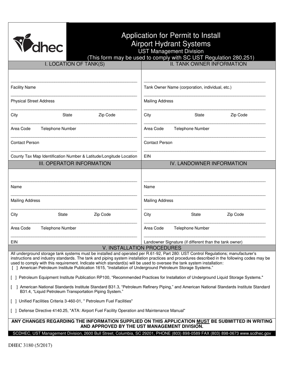 DHEC Form 3180 Application for Permit to Install Airport Hydrant Systems - South Carolina, Page 1