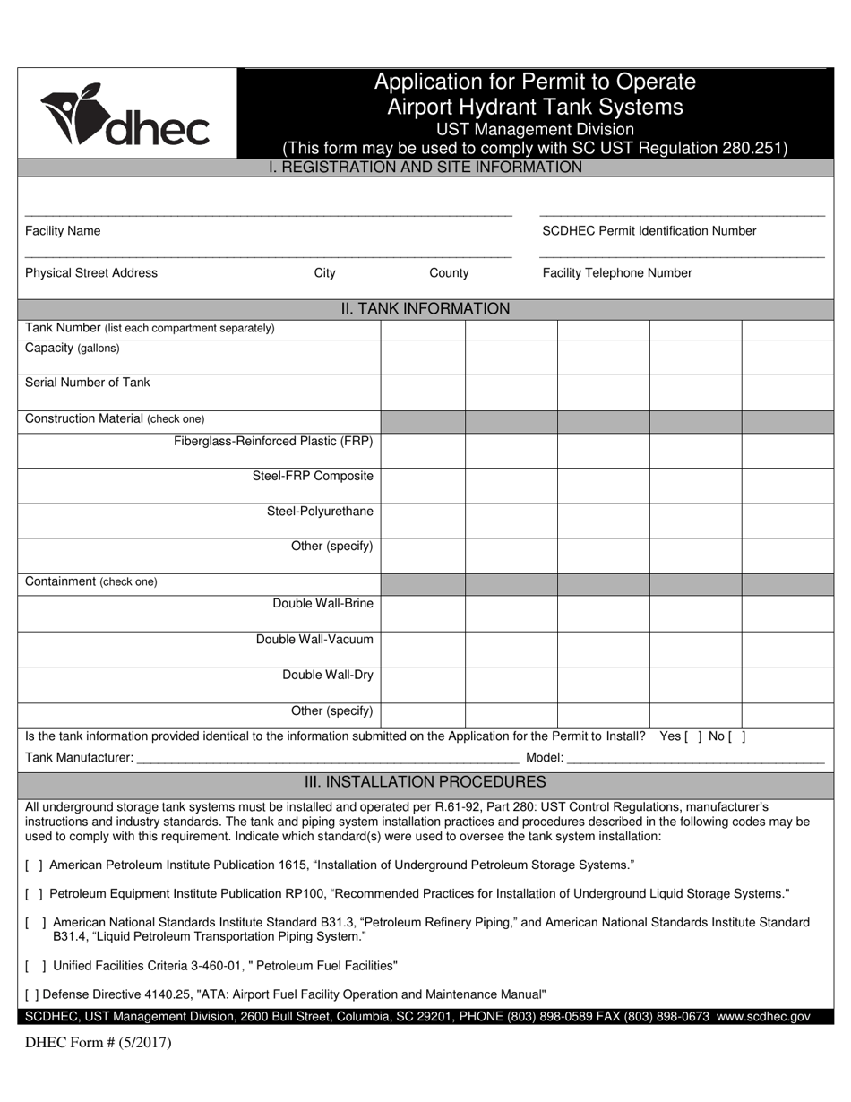 DHEC Form 3178 Application for Permit to Operate Airport Hydrant Tank Systems - South Carolina, Page 1