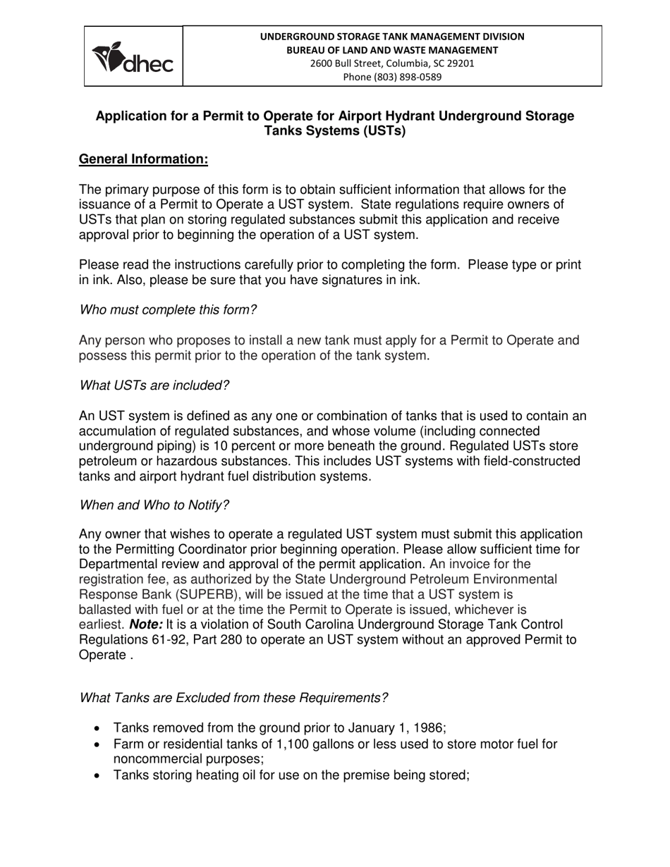 DHEC Form 3178 Application for Permit to Operate Airport Hydrant Tank Systems - South Carolina, Page 5