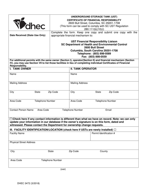 DHEC Form 3472  Printable Pdf