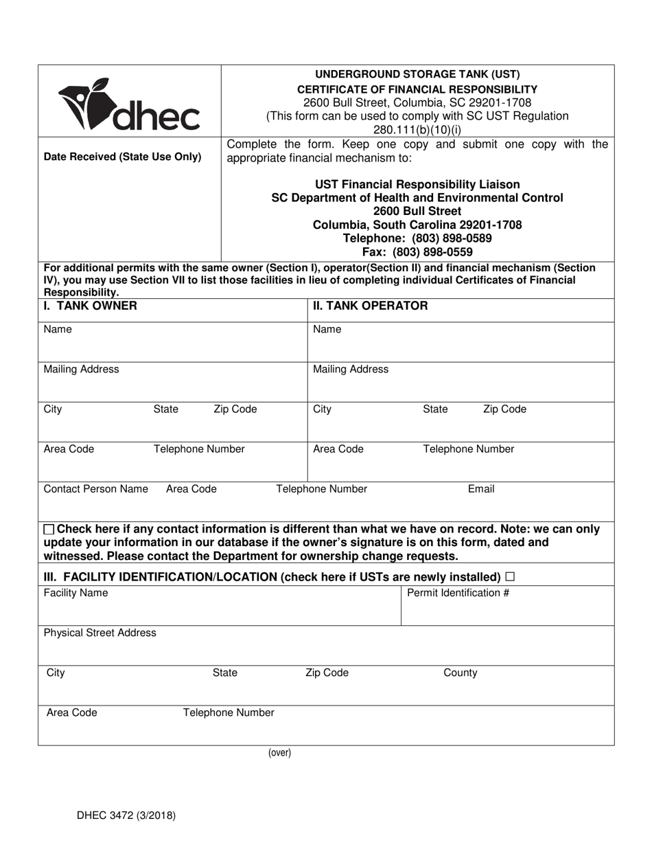 DHEC Form 3472 Underground Storage Tank (Ust) Certificate of Financial Responsibility - South Carolina, Page 1