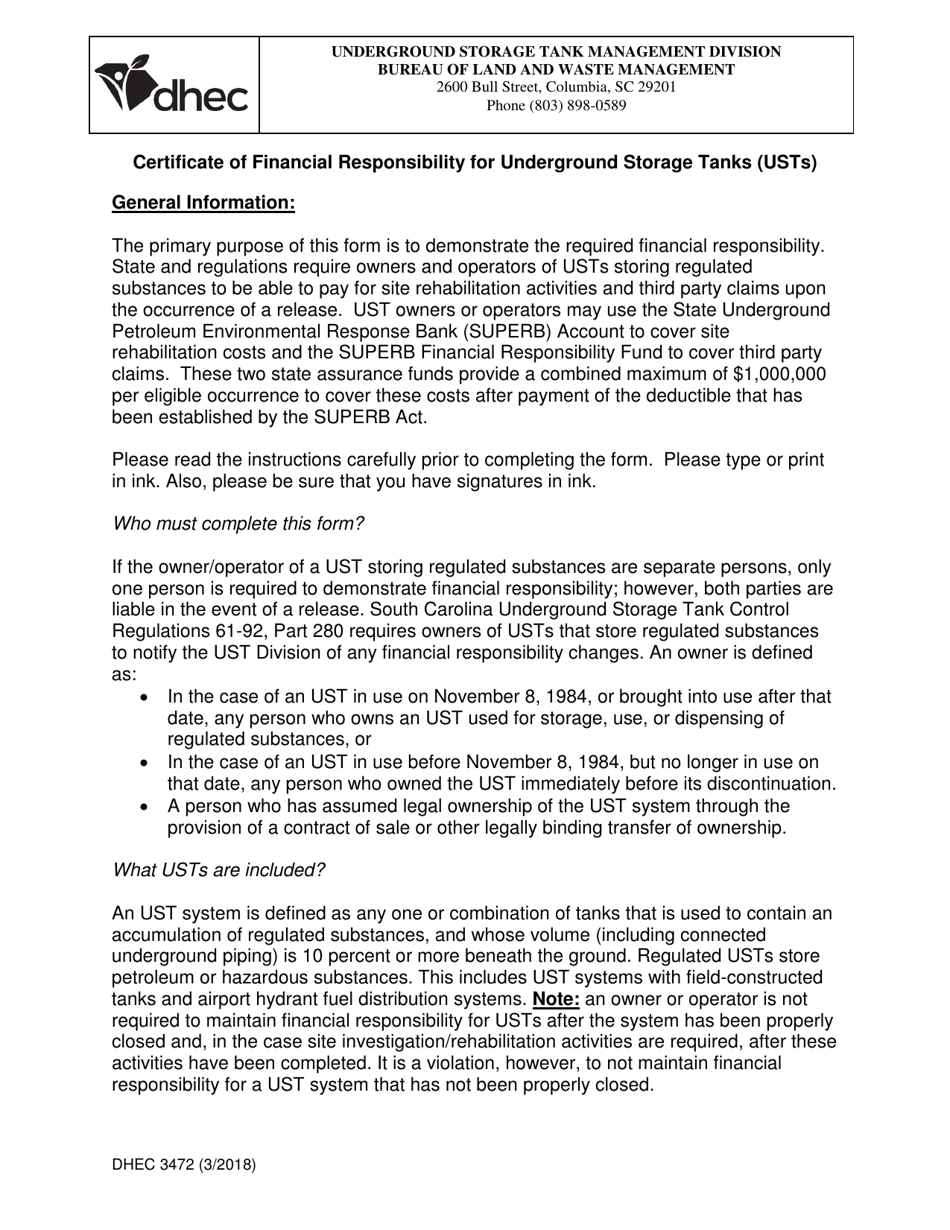 DHEC Form 3472 Underground Storage Tank (Ust) Certificate of Financial Responsibility - South Carolina, Page 4
