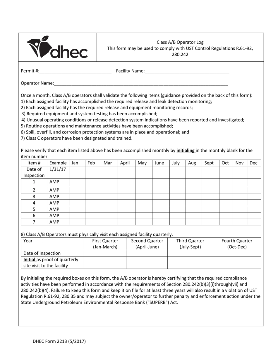 DHEC Form 2213 Class a / B Operator Log - South Carolina, Page 1