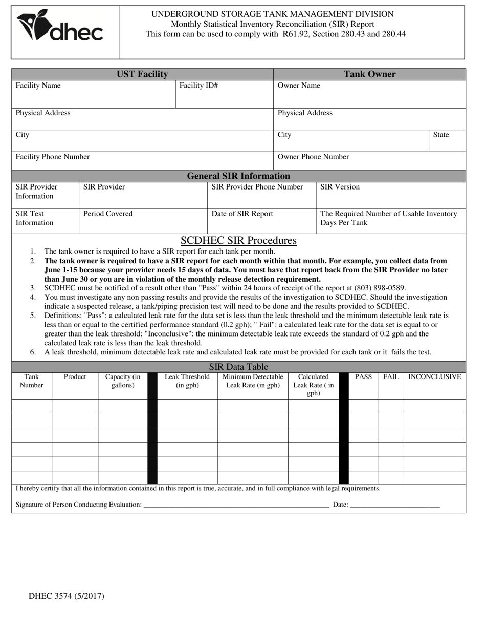 DHEC Form 3574 Monthly Statistical Inventory Reconciliation (Sir) Report - South Carolina, Page 1