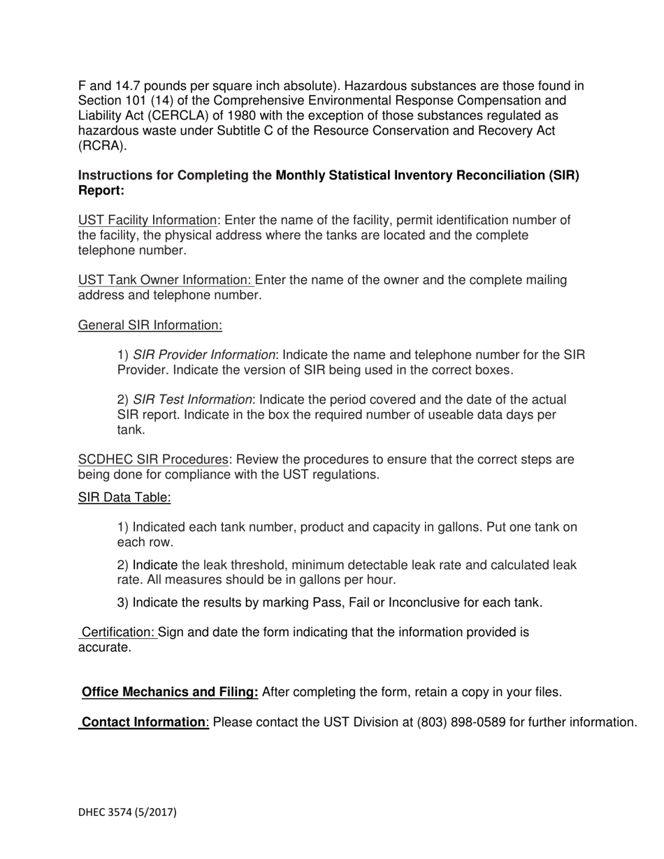 DHEC Form 3574 Monthly Statistical Inventory Reconciliation (Sir) Report - South Carolina, Page 3