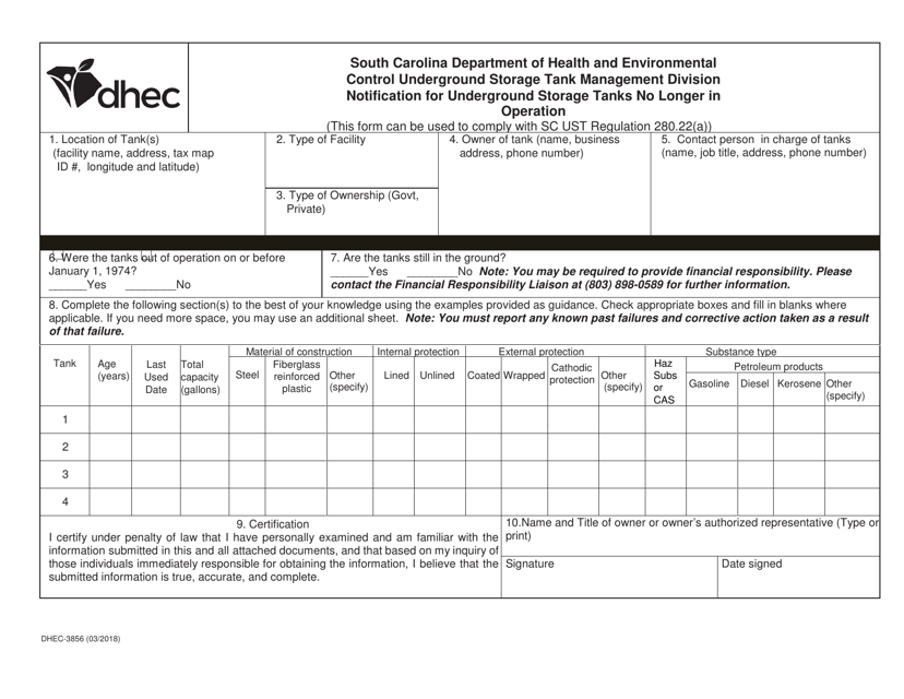 DHEC Form 3856 Notification for Underground Storage Tanks No Longer in Operation - South Carolina