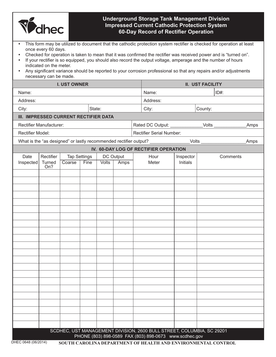 DHEC Form 0648 60-day Record of Rectifier Operation - South Carolina, Page 1