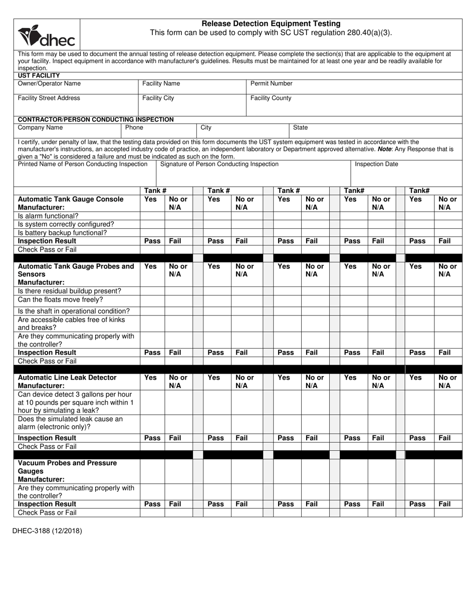 DHEC Form 3188 Release Detection Equipment Testing - South Carolina, Page 1