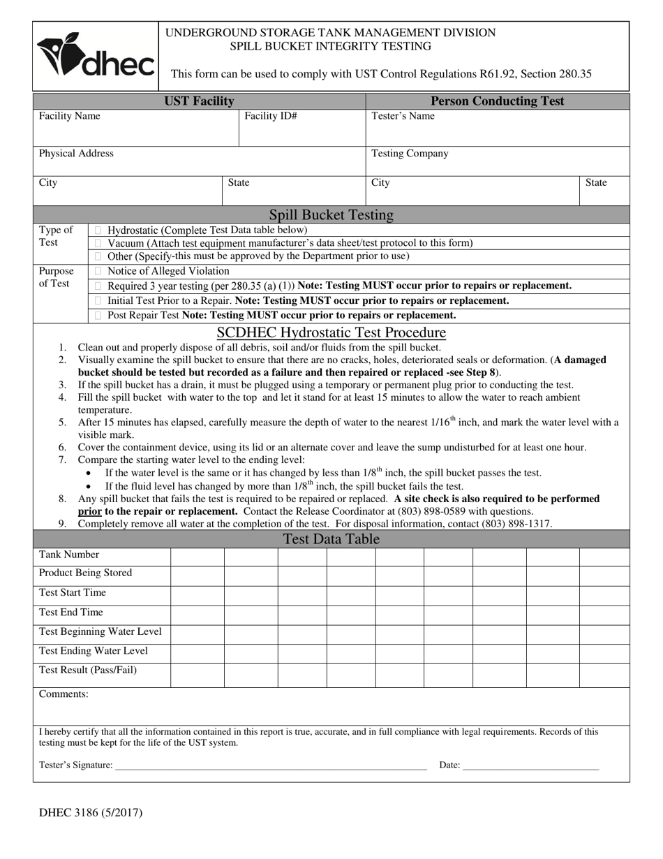 DHEC Form 3186 Spill Bucket Integrity Testing - South Carolina, Page 1