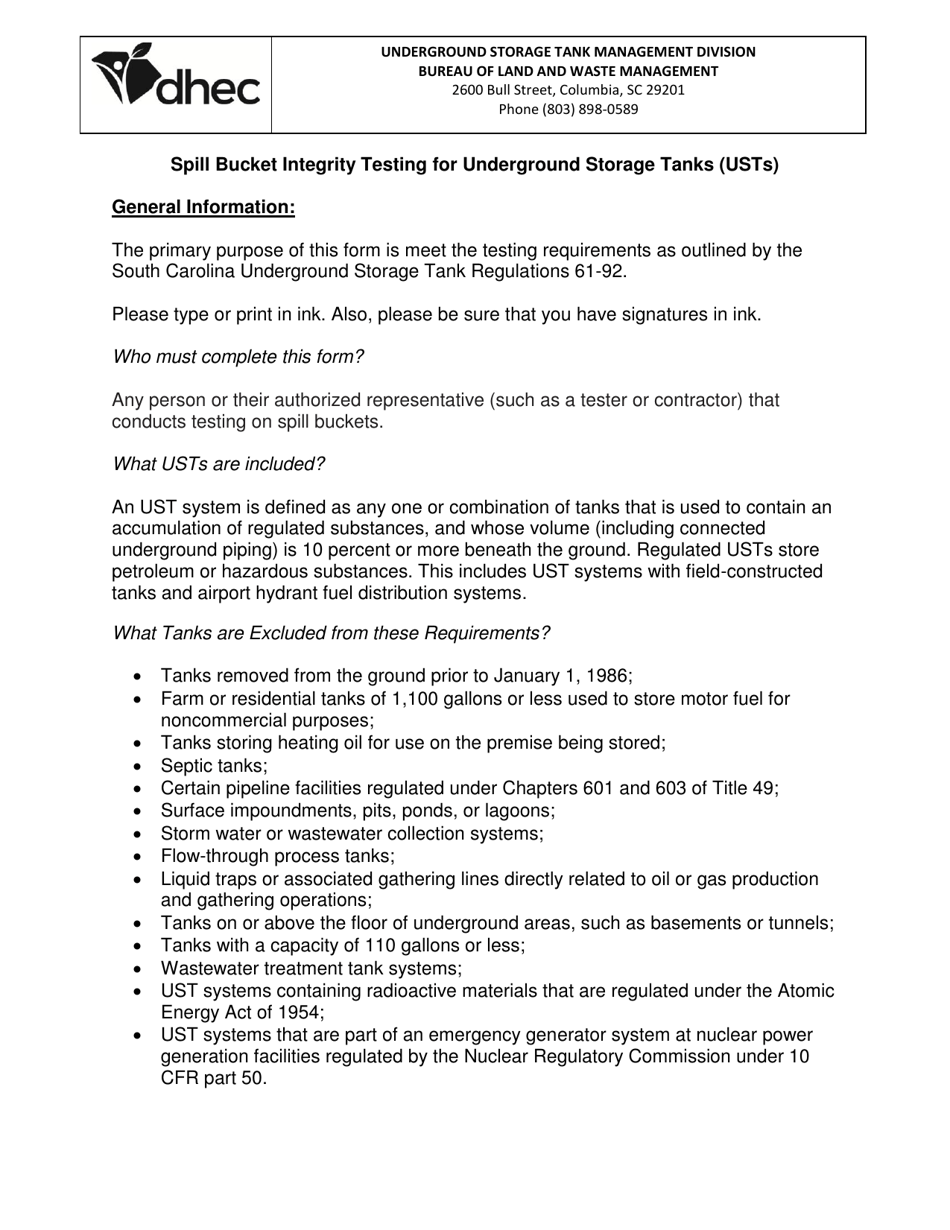 DHEC Form 3186 Spill Bucket Integrity Testing - South Carolina, Page 2