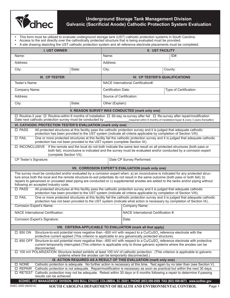 DHEC Form 2550 Galvanic (Sacrificial Anode) Cathodic Protection System Evaluation - South Carolina, Page 1