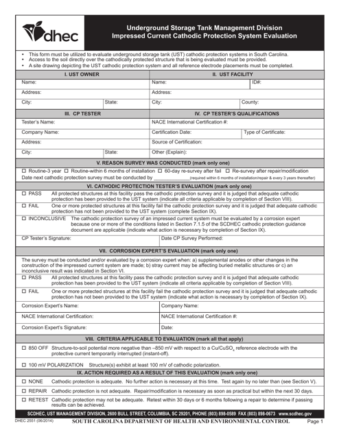 DHEC Form 2551 Impressed Current Cathodic Protection System Evaluation - South Carolina