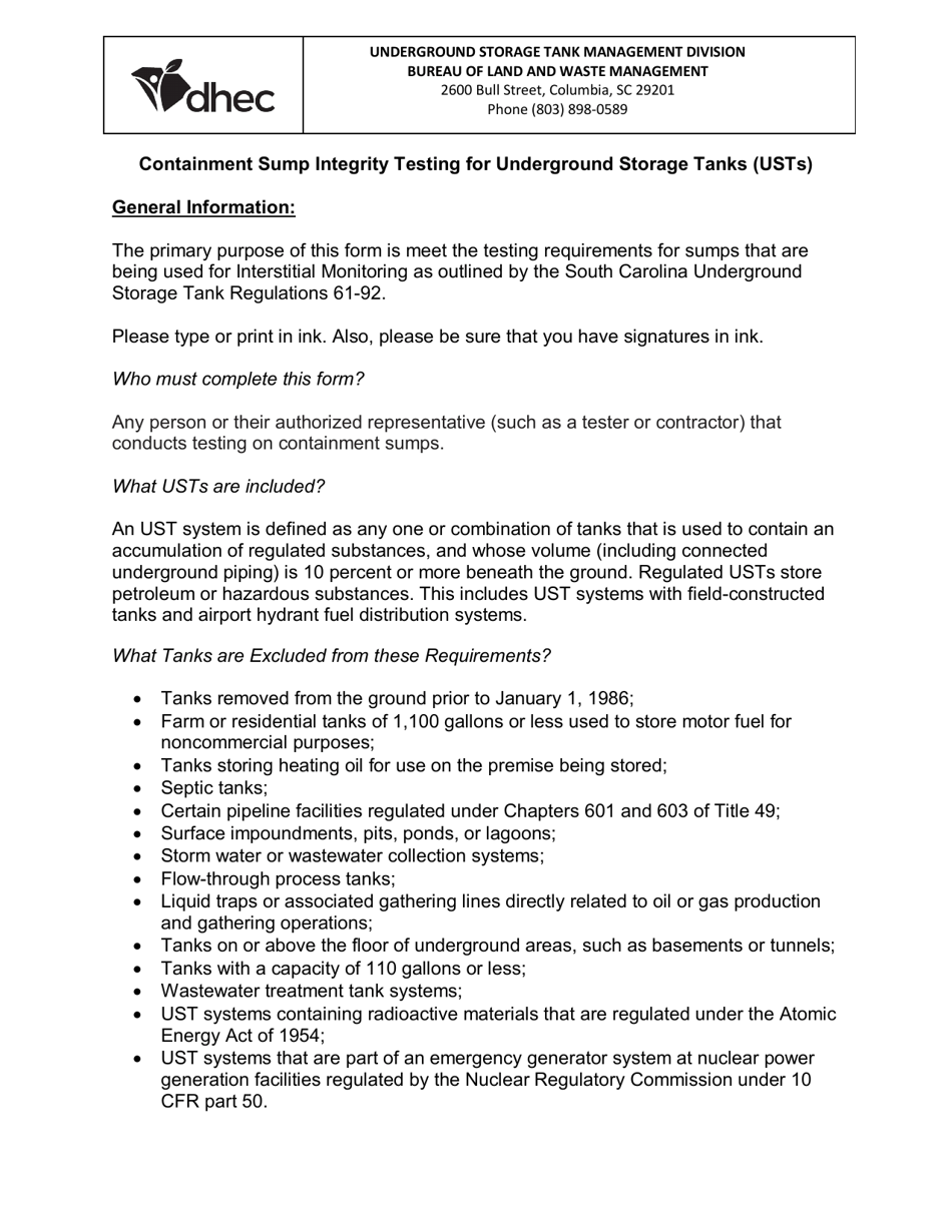 DHEC Form 3183 Containment Sump Integrity Testing - South Carolina, Page 2