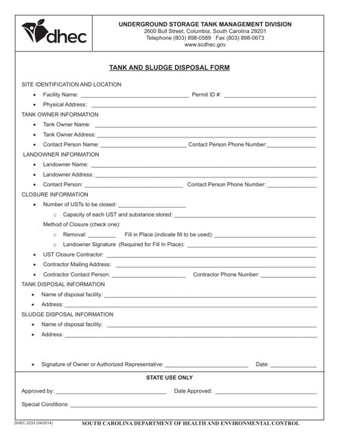 DHEC Form 2233 Tank and Sludge Disposal Form - South Carolina
