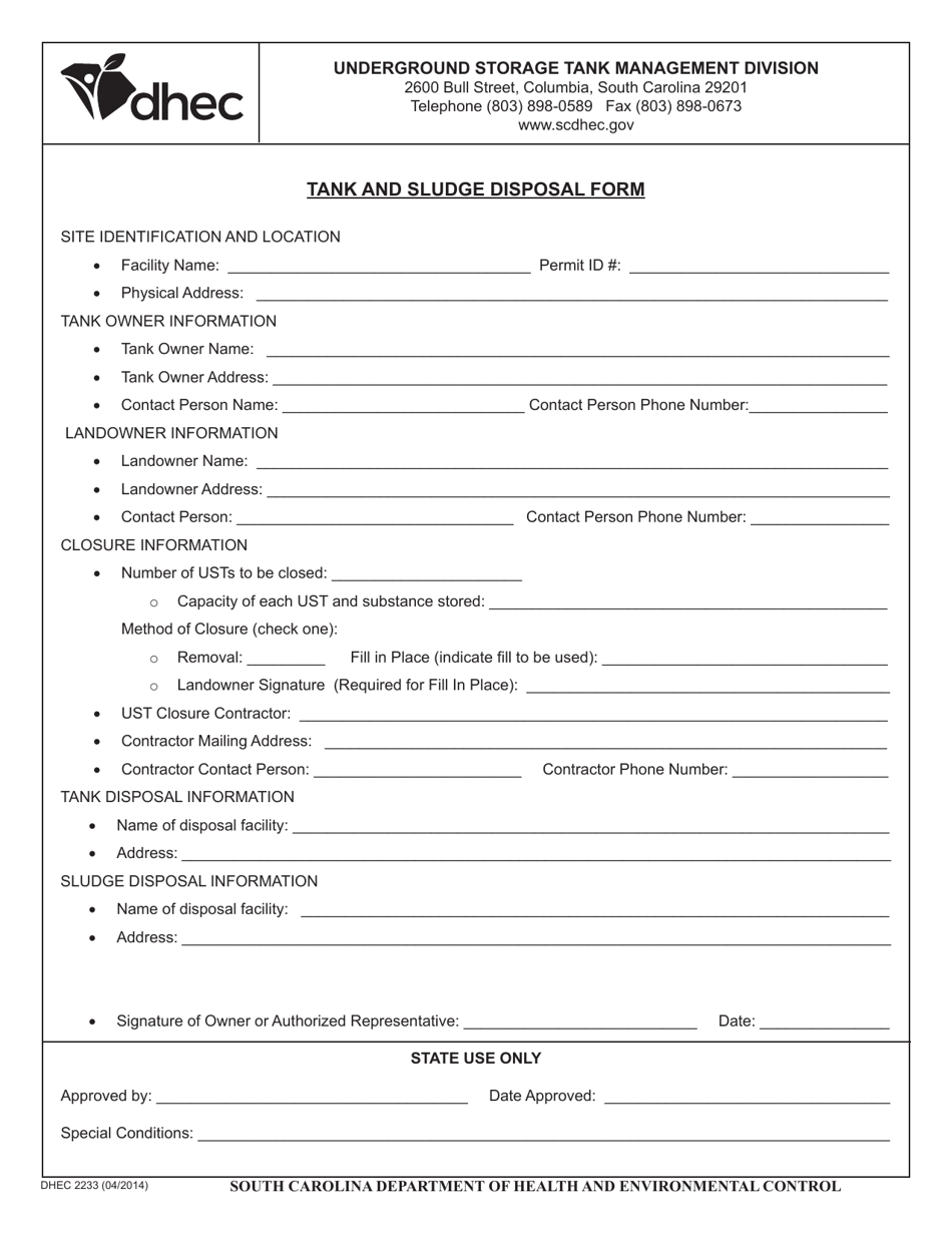 DHEC Form 2233 Tank and Sludge Disposal Form - South Carolina, Page 1