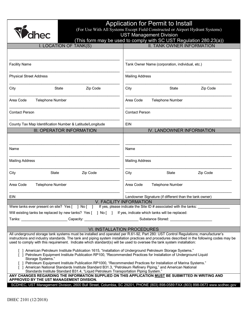 DHEC Form 2101 Application for Permit to Install (For Use With All Systems Except Field Constructed or Airport Hydrant Systems) - South Carolina, Page 1