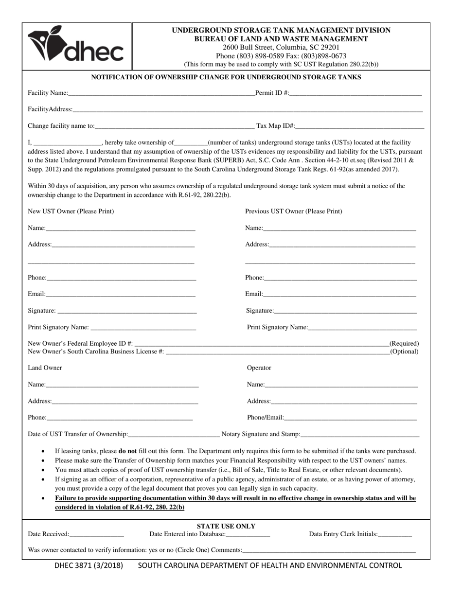 DHEC Form 3871 Notification of Ownership Change for Underground Storage Tanks - South Carolina, Page 1