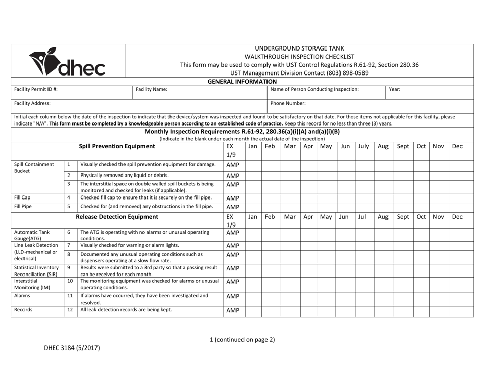 DHEC Form 3184 Underground Storage Tank Walkthrough Inspection Checklist - South Carolina, Page 1