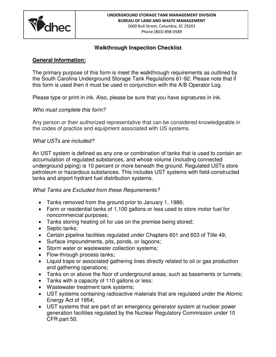 DHEC Form 3184 Underground Storage Tank Walkthrough Inspection Checklist - South Carolina, Page 3
