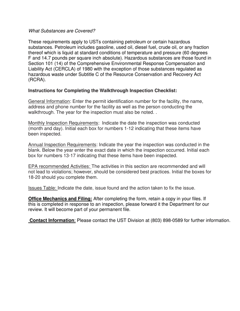 DHEC Form 3184 Underground Storage Tank Walkthrough Inspection Checklist - South Carolina, Page 4