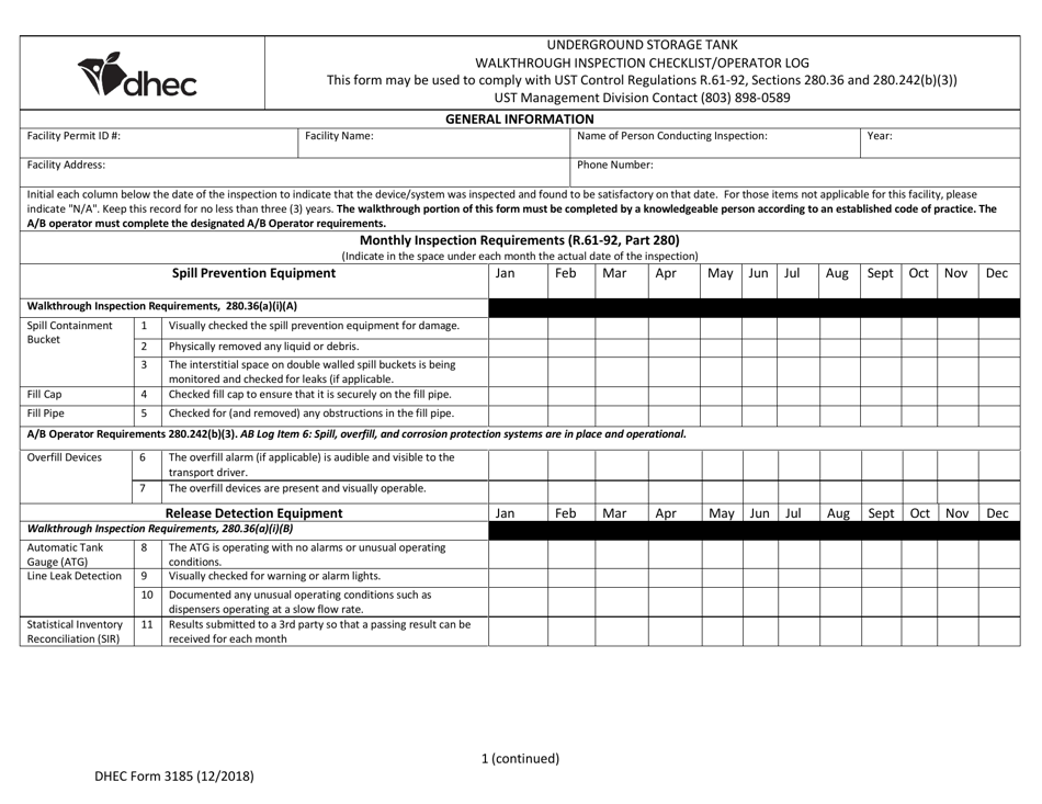 DHEC Form 3185 Underground Storage Tank Walkthrough Inspection Checklist / Operator Log - South Carolina, Page 1