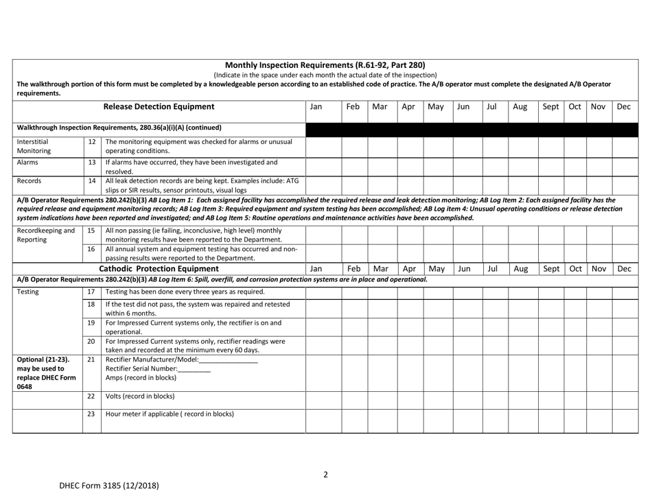 DHEC Form 3185 Underground Storage Tank Walkthrough Inspection Checklist / Operator Log - South Carolina, Page 2