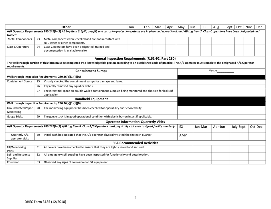 DHEC Form 3185 Underground Storage Tank Walkthrough Inspection Checklist / Operator Log - South Carolina, Page 3