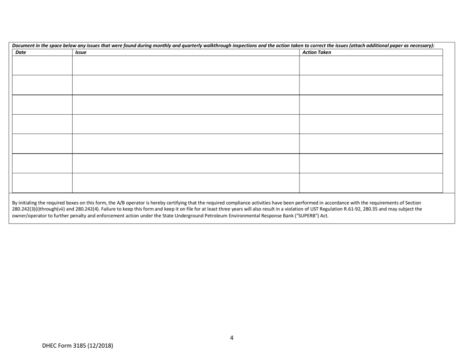 DHEC Form 3185 Underground Storage Tank Walkthrough Inspection Checklist / Operator Log - South Carolina, Page 4