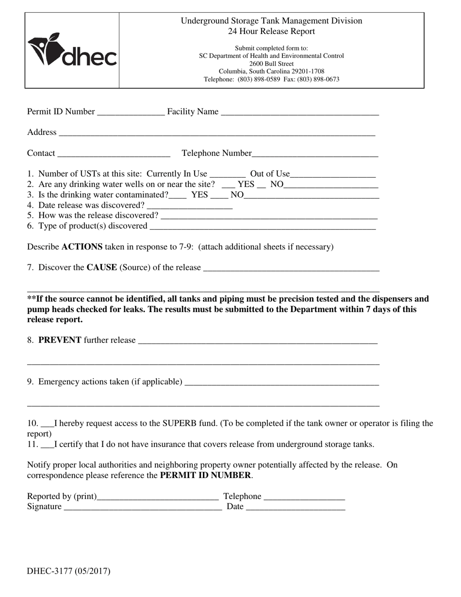 DHEC Form 3177 24 Hour Release Report - South Carolina, Page 1