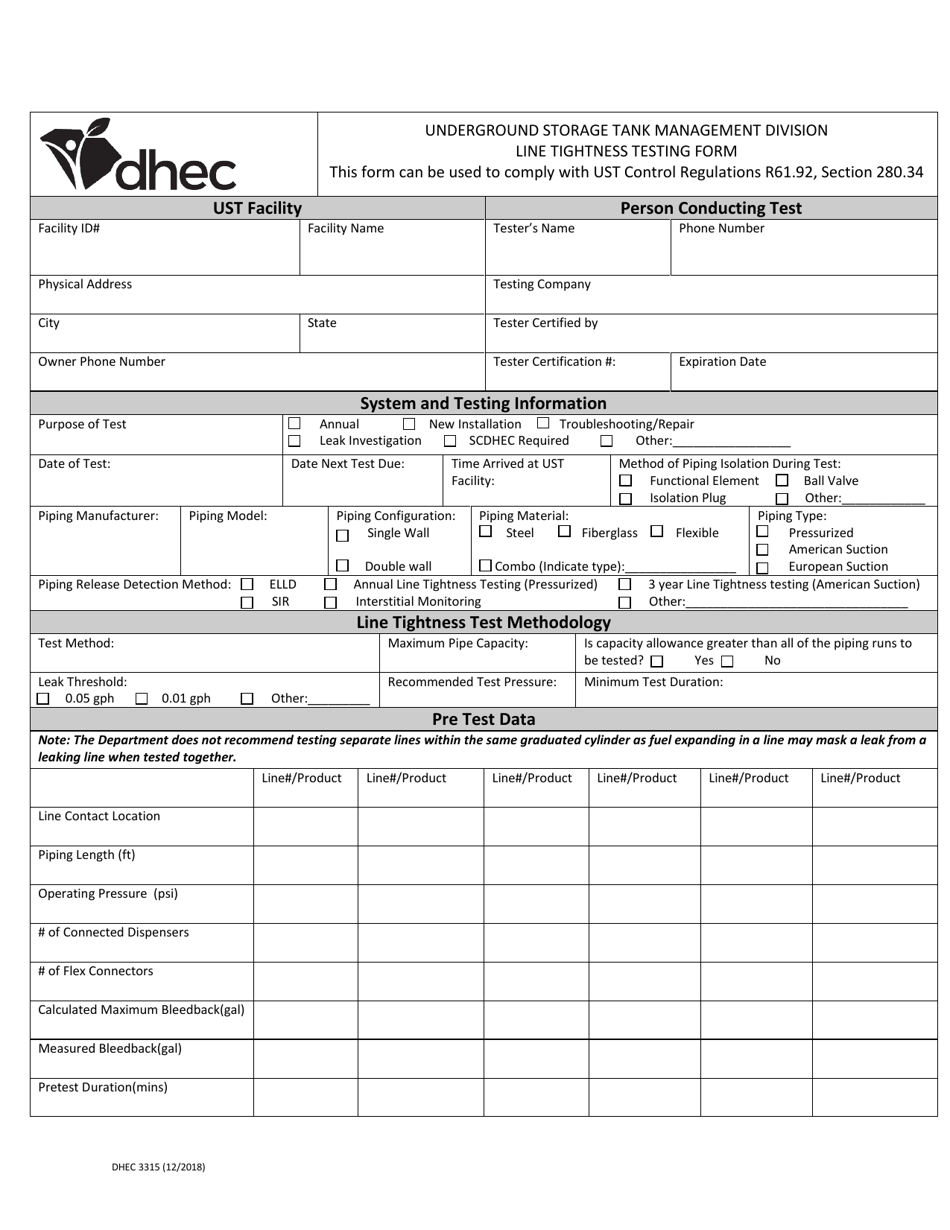 DHEC Form 3315 Line Tightness Testing Form - South Carolina, Page 1
