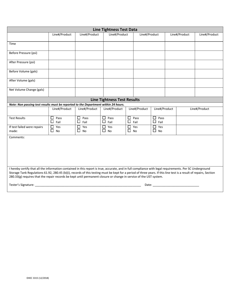 DHEC Form 3315 Line Tightness Testing Form - South Carolina, Page 2