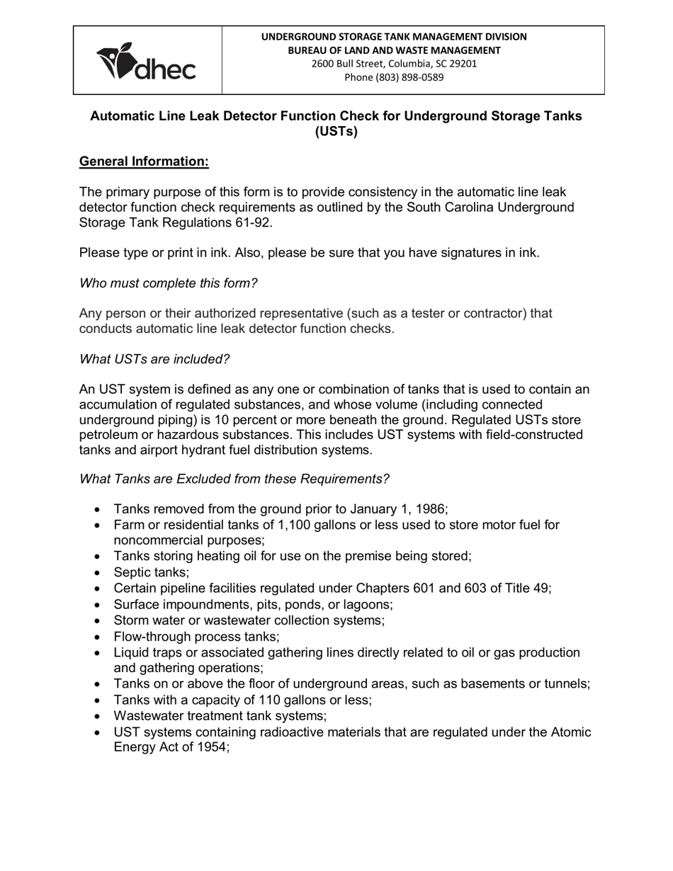 DHEC Form 3316 Automatic Line Leak Detector (Lld) Function Check - South Carolina, Page 2