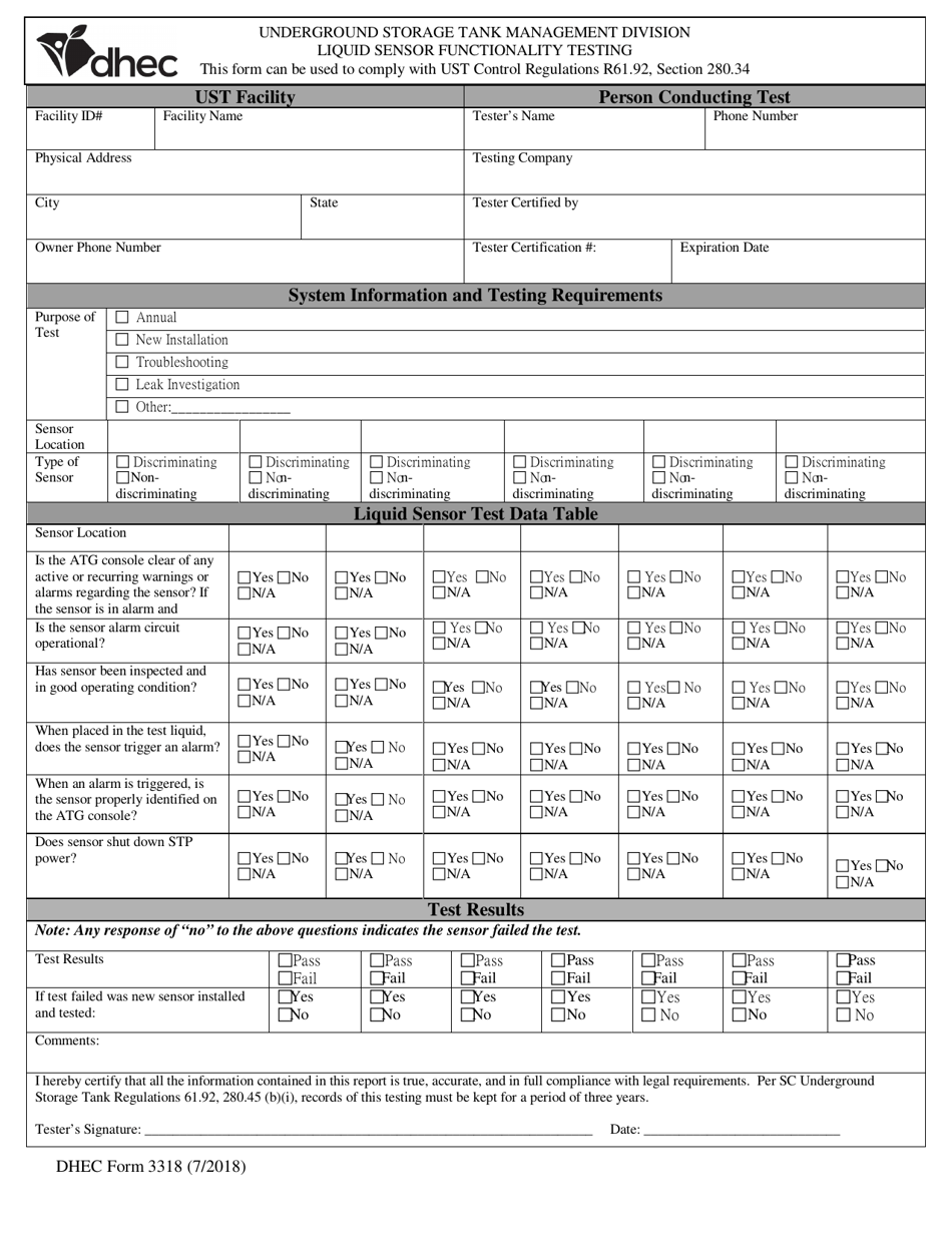 DHEC Form 3318 Liquid Sensor Functionality Testing - South Carolina, Page 1