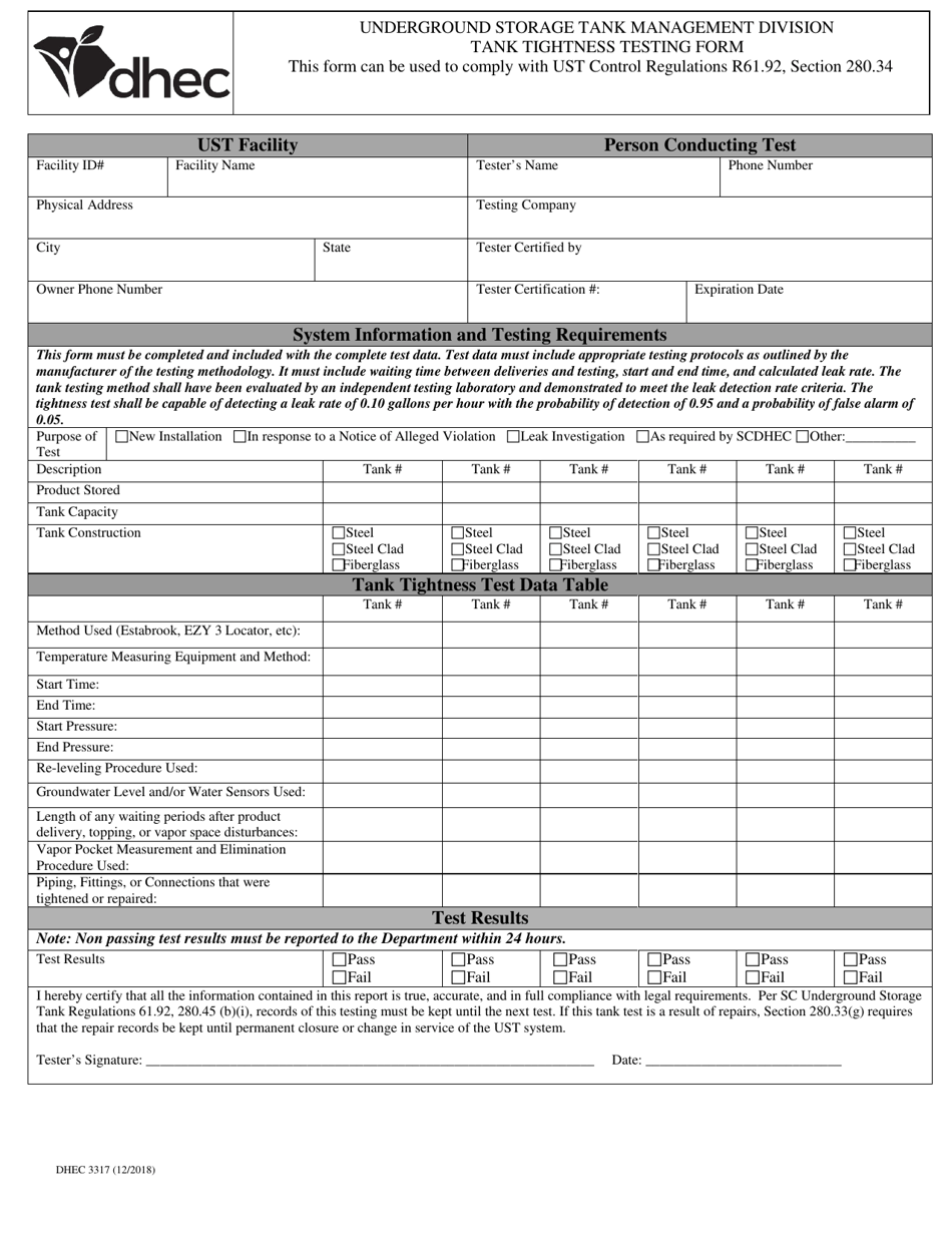 DHEC Form 3317 Tank Tightness Testing Form - South Carolina, Page 1