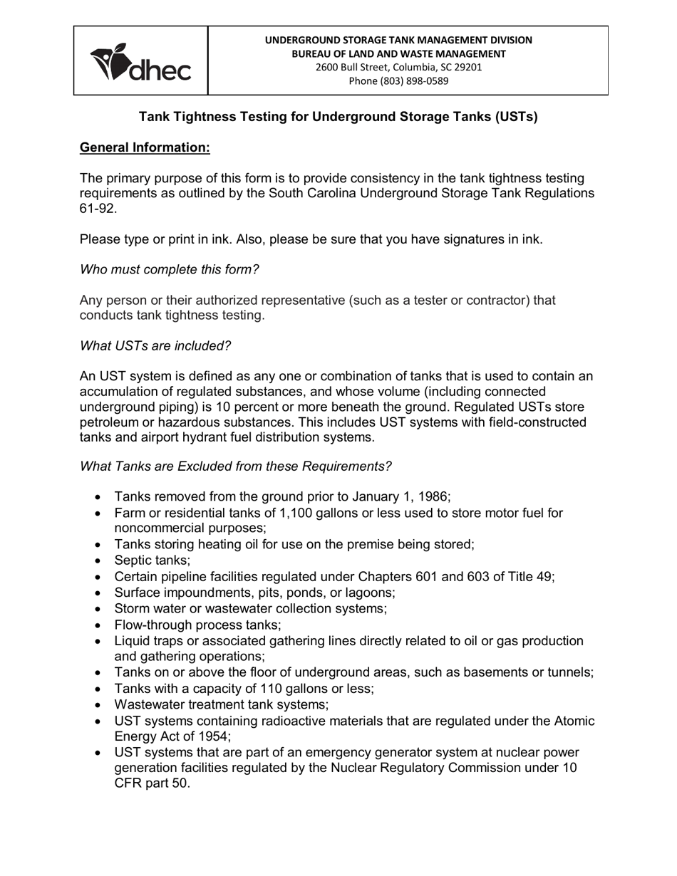 DHEC Form 3317 Tank Tightness Testing Form - South Carolina, Page 2