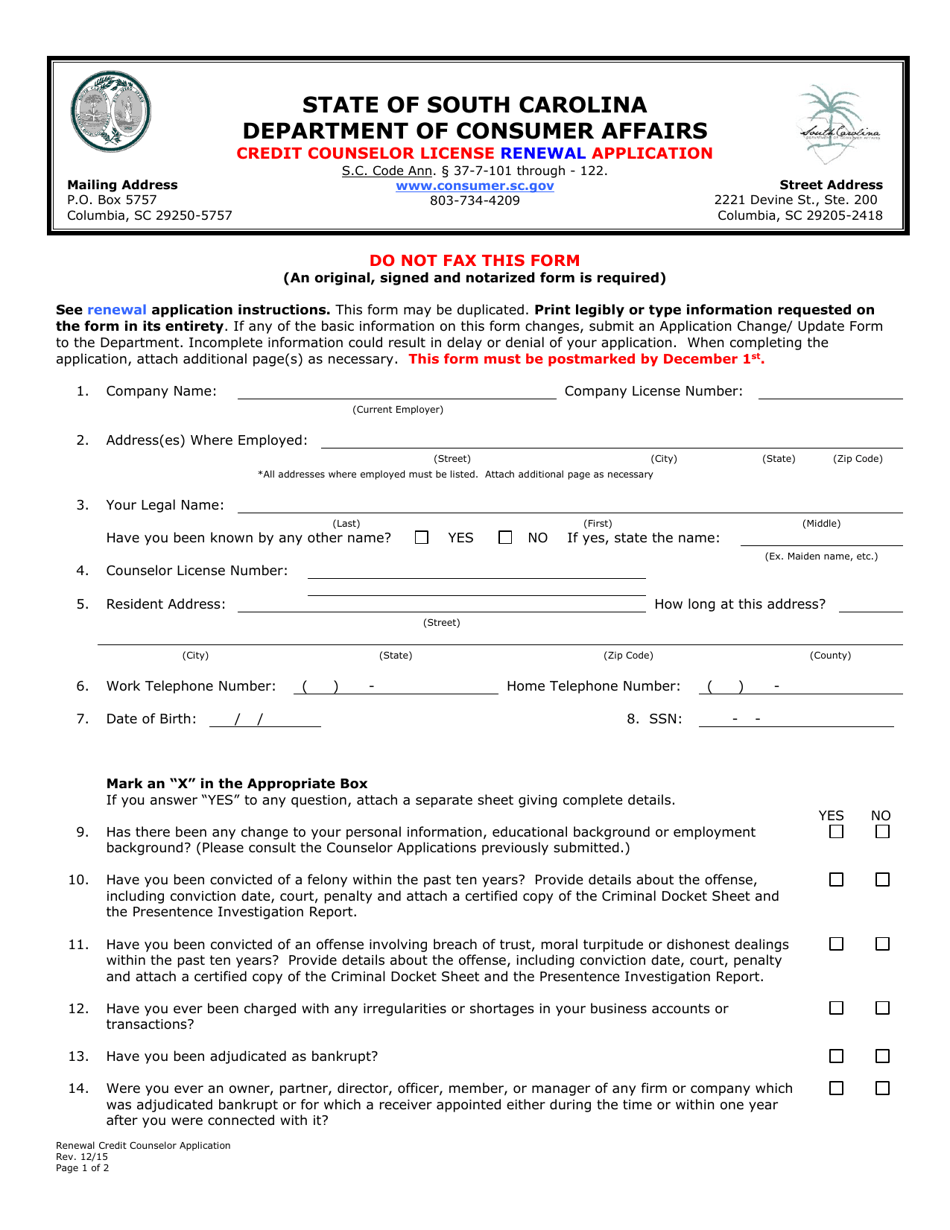 Credit Counselor License Renewal Application Form - South Carolina, Page 1